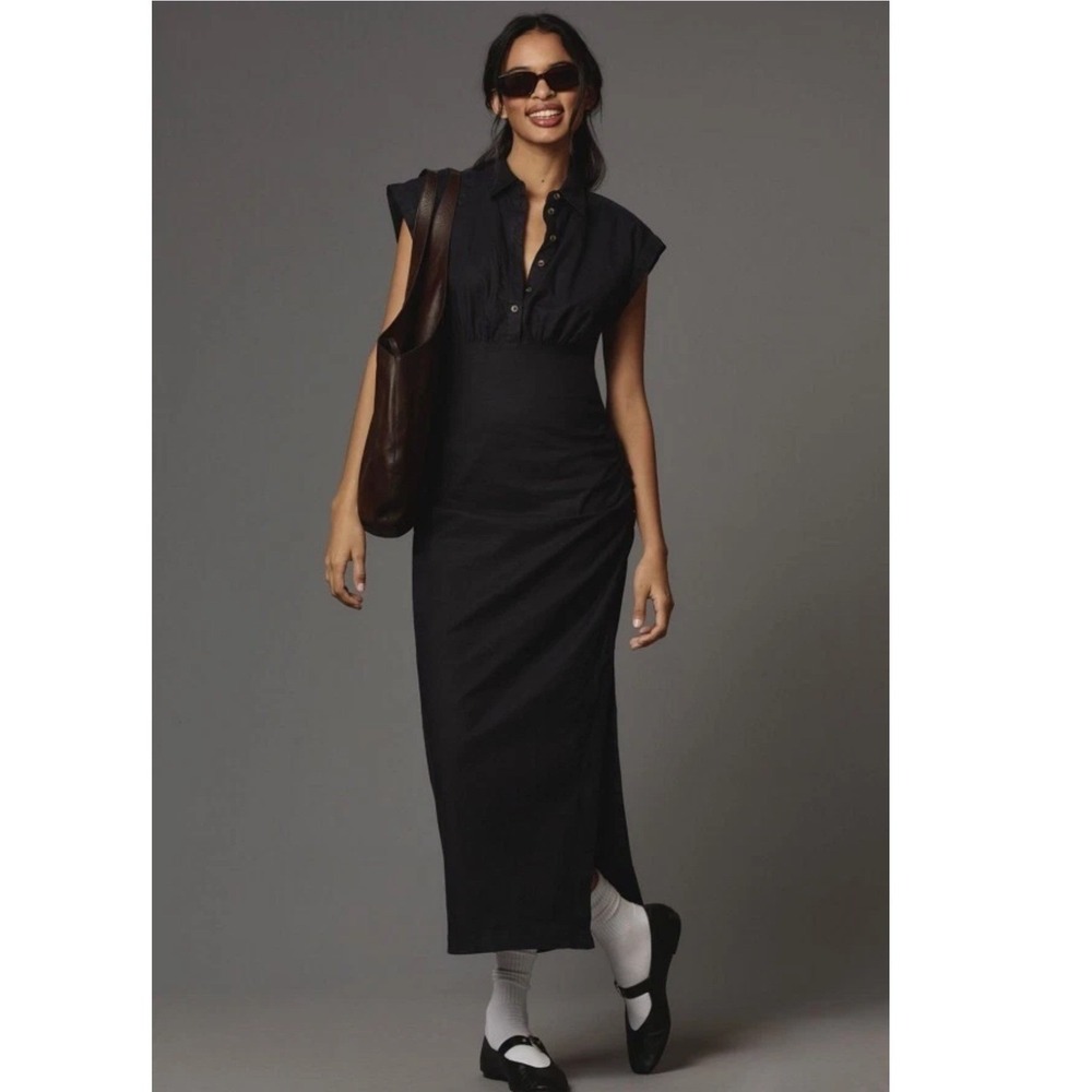 Anthropologie Black Linen Blend Ruched Maxi‎ Dress Cap Sleeve Button Front Small